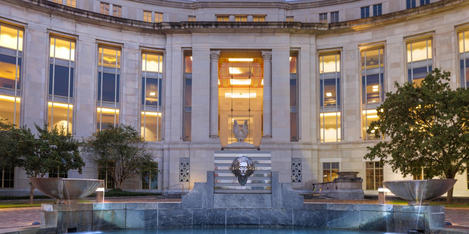 Panoramic photograph of modern courthouse exterior