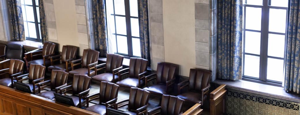 Photograph of jury box in Courtroom 2FMJ, by Jon Cook.