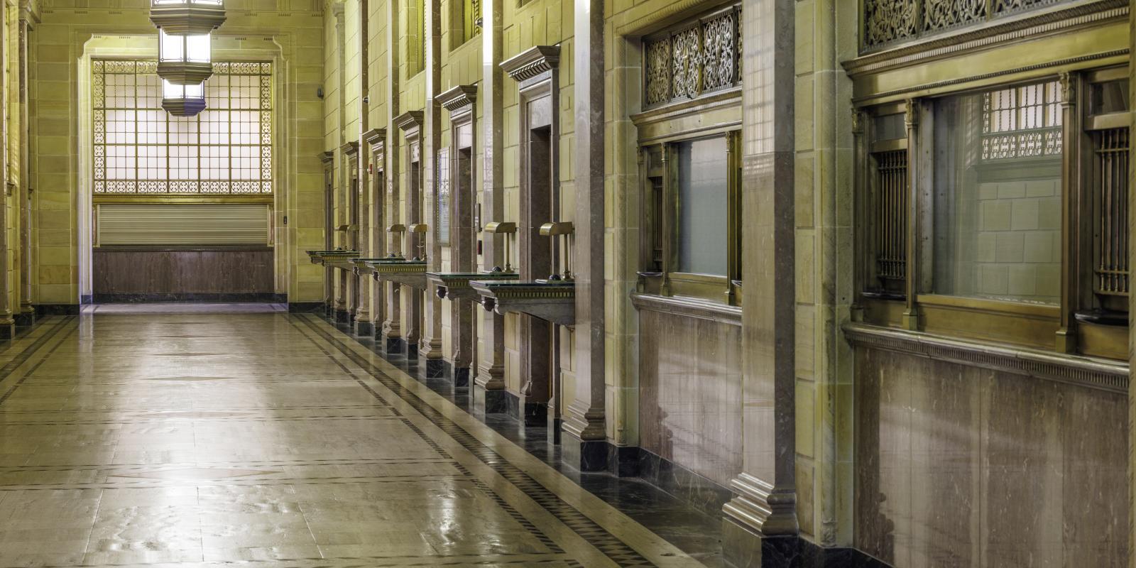 Photograph of former U.S. Post Office hallway in the Frank M Johnson Courthouse