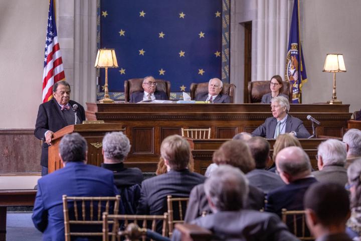 Photograph of judges and Ambassador Young in Courtroom 2FMJ